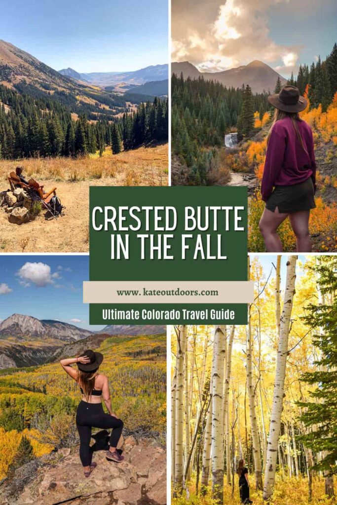 Four photos showcasing Crested Butte, Colorado in the fall, including golden aspens, waterfalls, and mountain views.