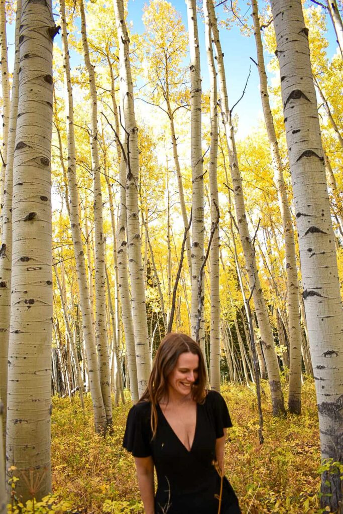 Woman wearing a black v-neck dress stands in a forest of golden aspen trees in Crested Butte in the fall.