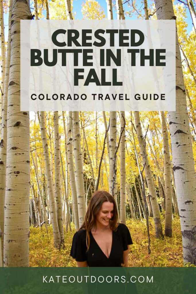 Woman smiling in a forest of golden aspens with text that says Crested Butte in the fall Colorado travel guide.