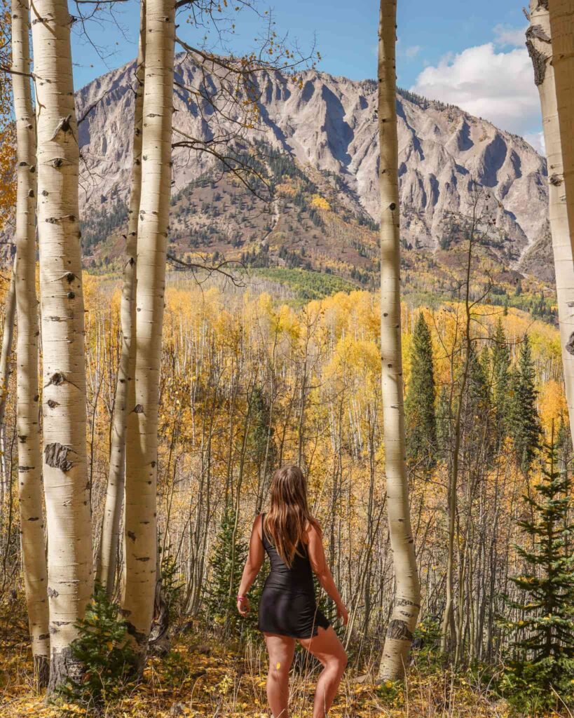 Woman wearing a black tank top and miniskirt stands in a forest of golden aspen trees with a jaggy, ragged mountain in front of here through the trees during fall in Crested Butte, Colorado.