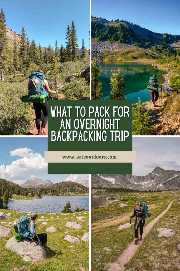 4 photos of a woman wearing a large blue backpacking pac while backpacking in different environments including a forest, turquoise alpine lake, sub-alpine lake, and in the mountains on a trail.