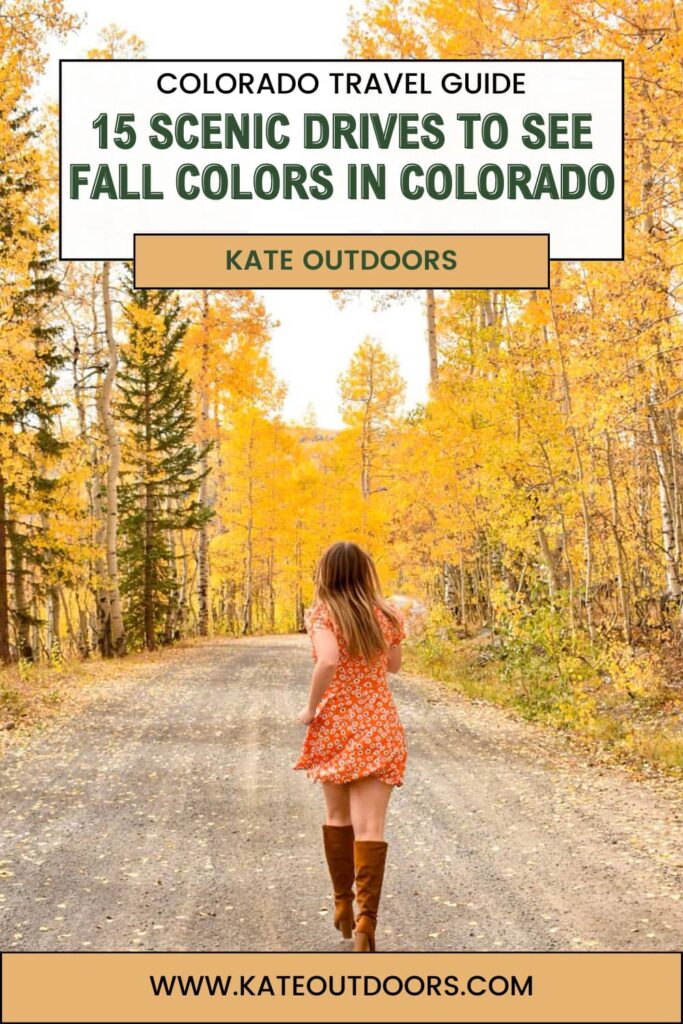 Text: 15 Scenic Drives to See Fall Colors in Colorado. Photo of a woman running down a dirt road lined with golden aspen trees.