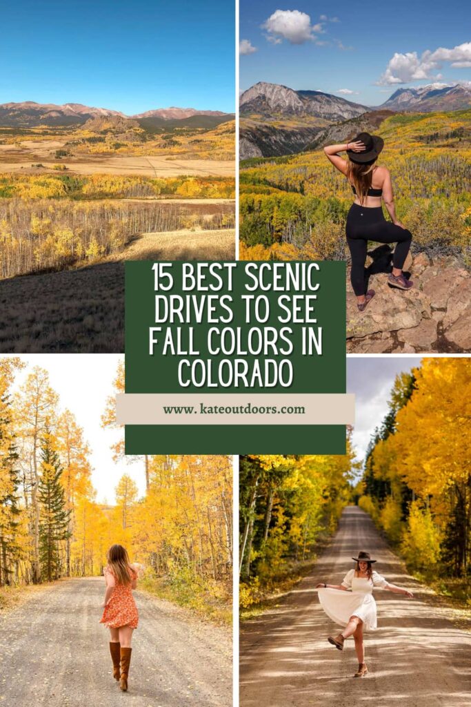 Text: 15 Best Scenic Drives to See Fall Colors in Colorado. Photos of golden aspens in Colorado in the fall.