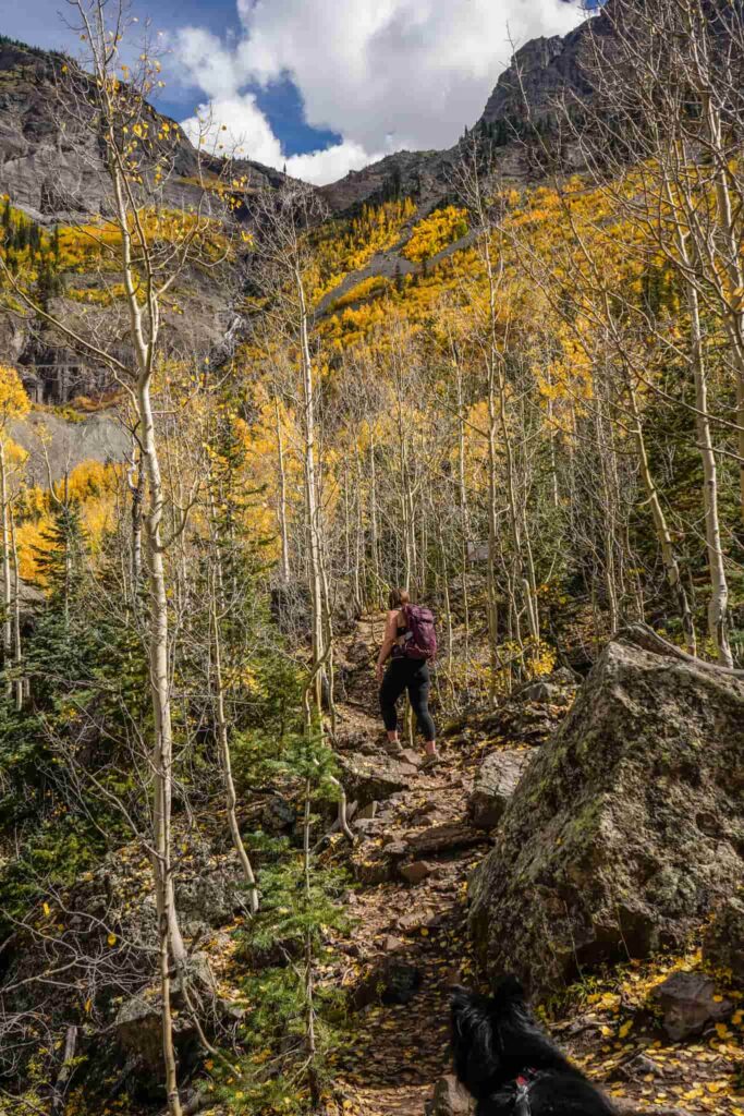 Woman hiking up a steep rocky trail surrounded by golden aspen trees in Telluride, Colorado.