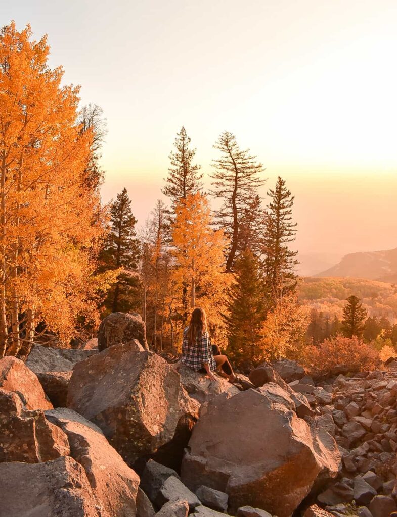 Woman sits on a rock at sunset surrounded by golden aspen trees on the Grand Mesa in Colorado.
