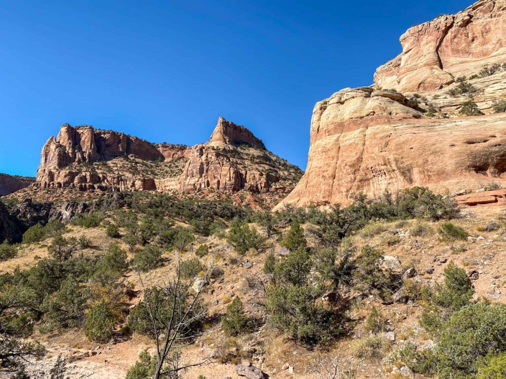 A red sandstone canyon with a bright blue sky.