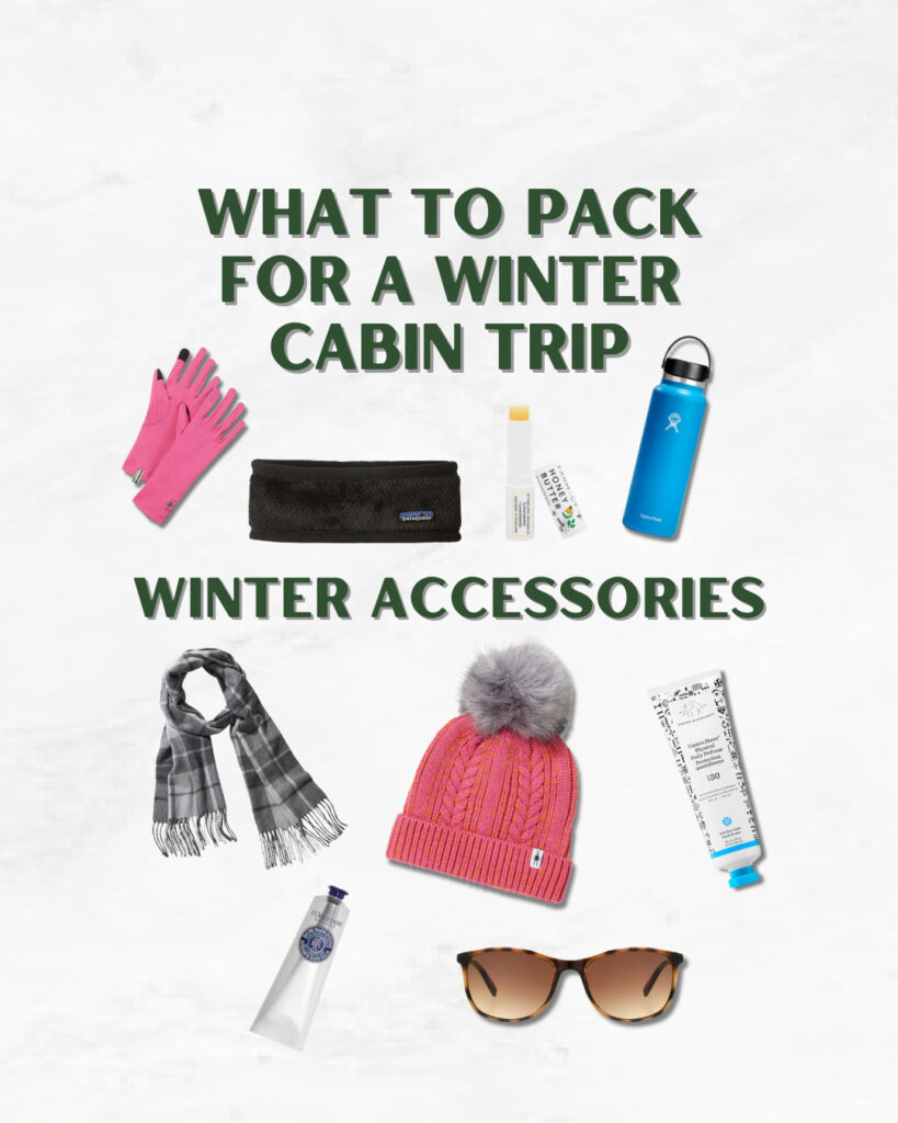 Collage of winter accessories to pack for a winter cabin trip.
