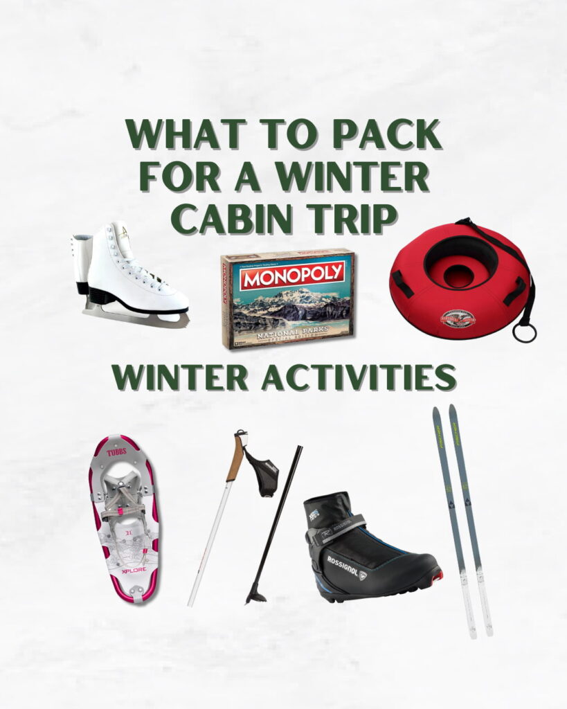 Collage of winter activities to pack for a winter cabin trip.