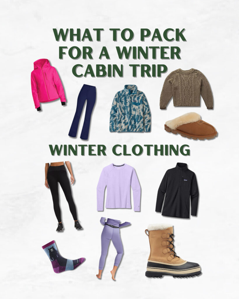 Collage of winter clothing to pack for a winter cabin trip.