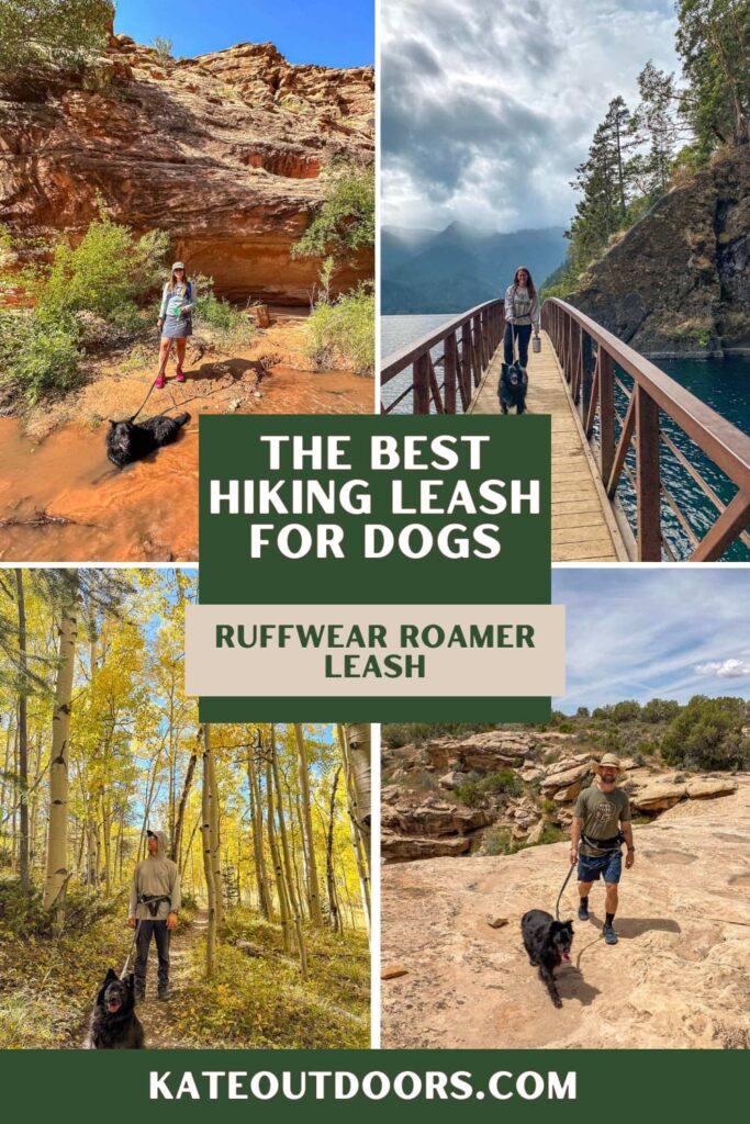 4 photos of people hiking with their black dog on a leash, with the text "the best hiking leash for dogs, Ruffwear Roamer Leash"