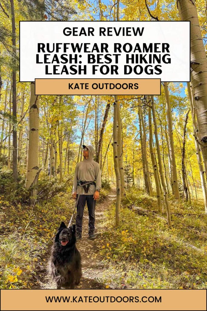 Man hiking with a black dog on a leash in the fall in Crested Butte with the text "Gear Review, Ruffwear Roamer Leash: the best hiking leash for dogs"
