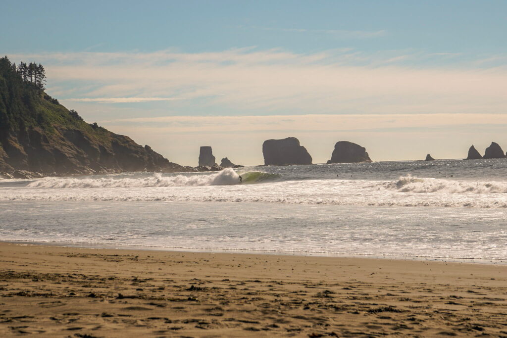 Surfers catching a wave at La Push Beach on the Olympic Peninsula.