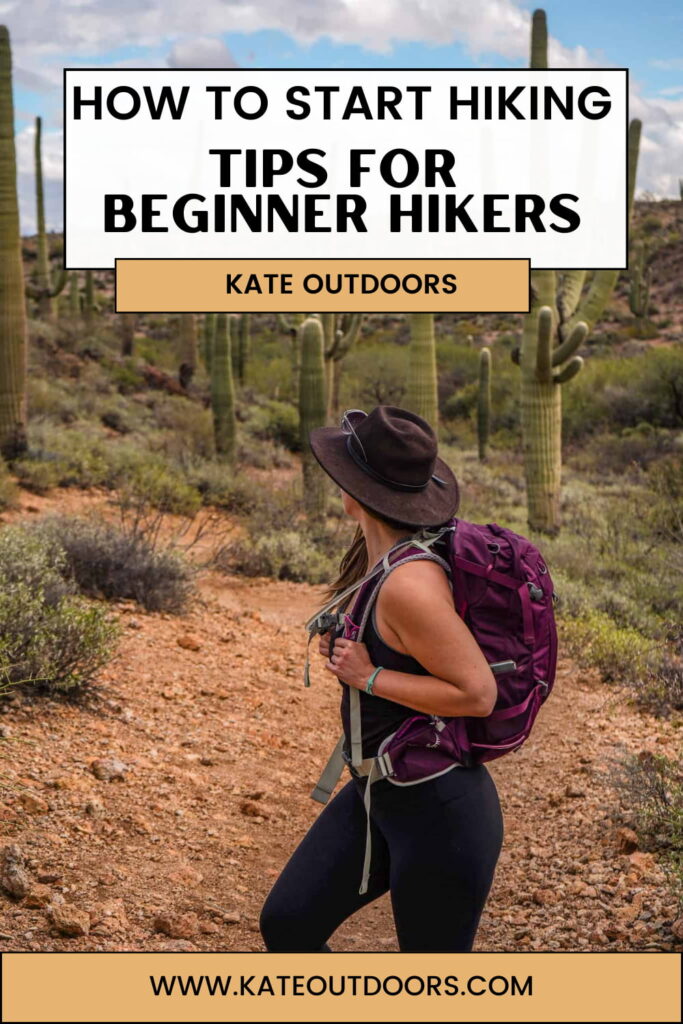 Text: How to start hiking, tips for beginner hikers.
Photo: woman hiking through saguaro cactus