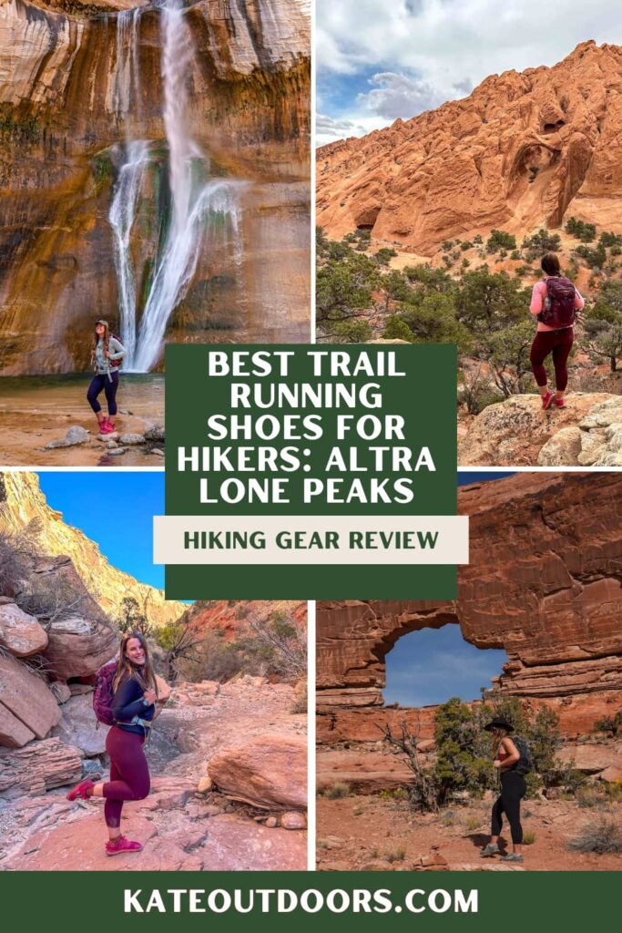 Text says "best trail runners for hikers: Altra Lone Peaks" with 4 photos of a woman wearing trail running shoes while hiking in the desert.