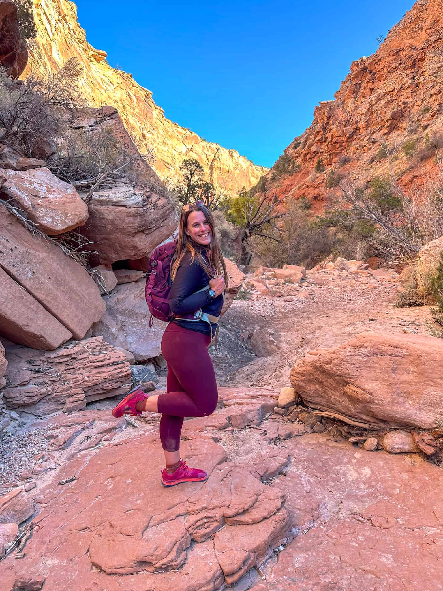 Woman flicking her leg back while wearing hot pink trail runners in a canyon.