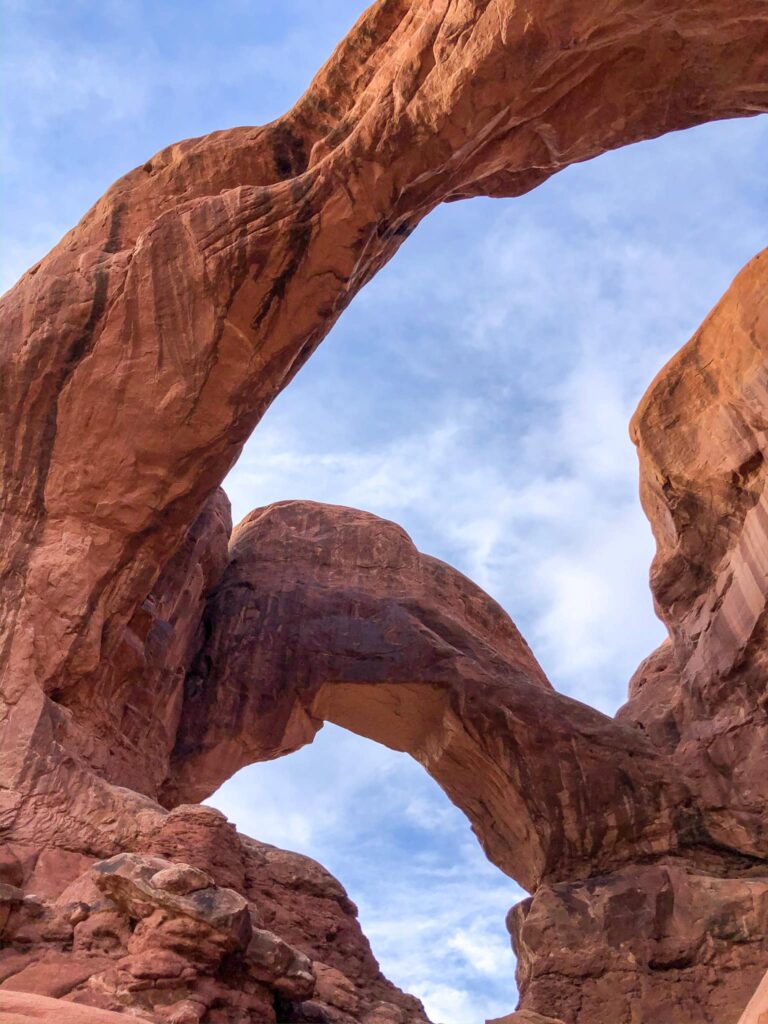 Two sandstone arches known as Double Arch in Arches National Park.