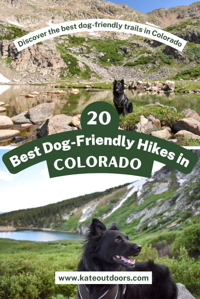 20 Best Dog-Friendly hikes in Colorado with 2 photos of a black dog hiking in the mountains